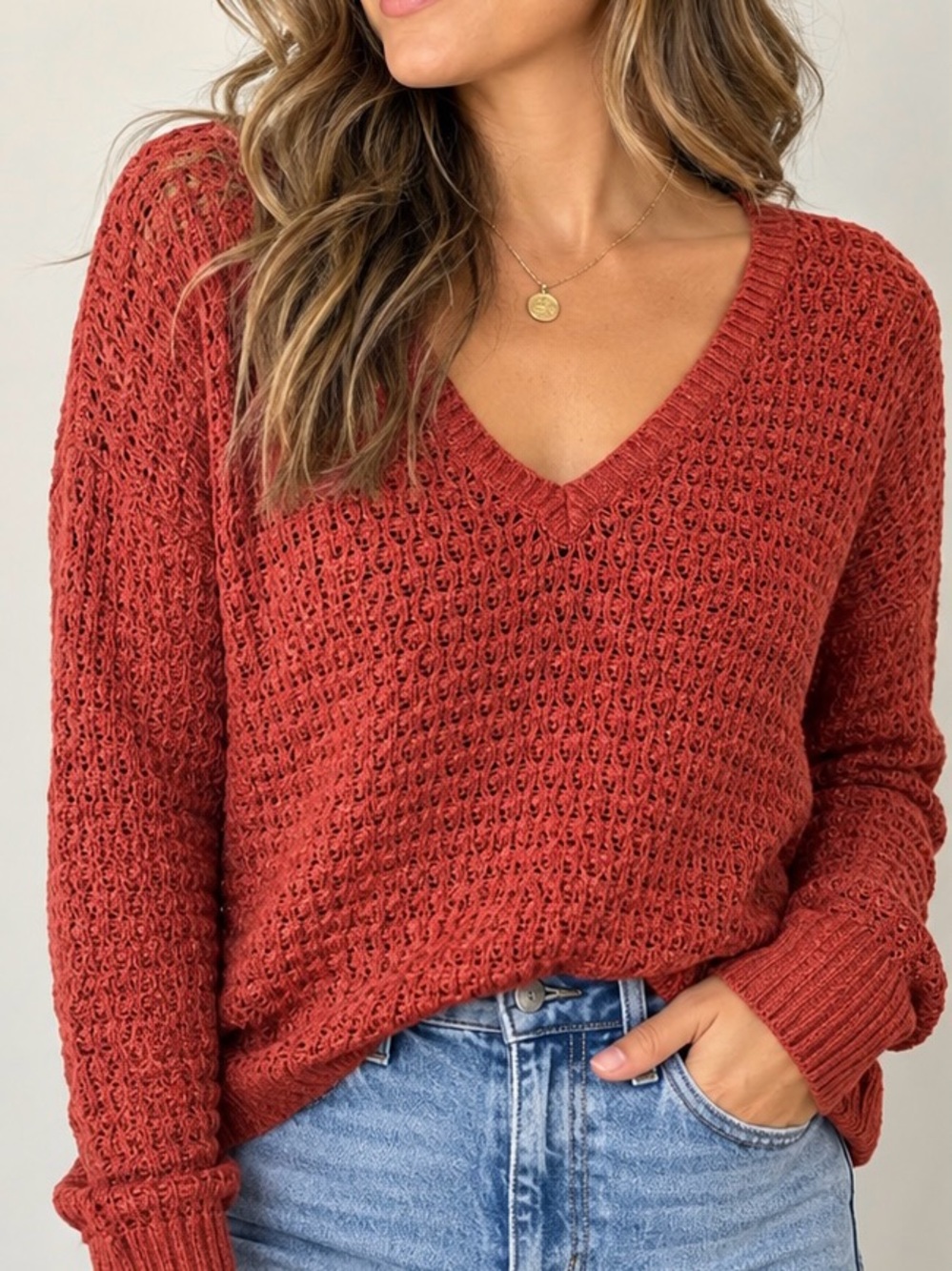 American Eagle Rust Red Open Knit V-Neck Sweater Size M